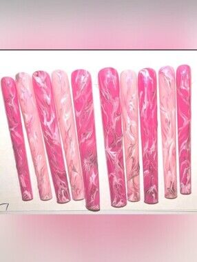 Hand CRAFTED Custom 6XL Marble Pink Swirl  Press On Nail Set Size Large